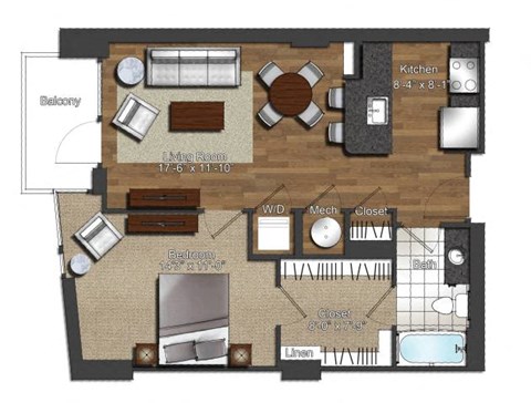 Floor plan for 1 bed, 1 bath, 691 sqft